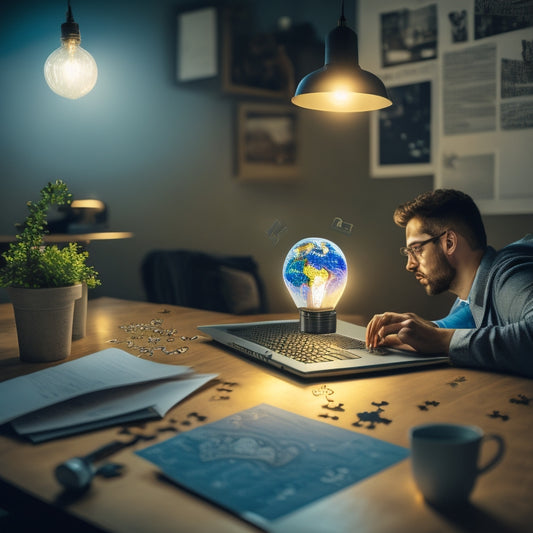An illustration of a person sitting in front of a laptop, surrounded by puzzle pieces falling into place, with a lightbulb above their head, and a subtle background of a world map with connected dots.