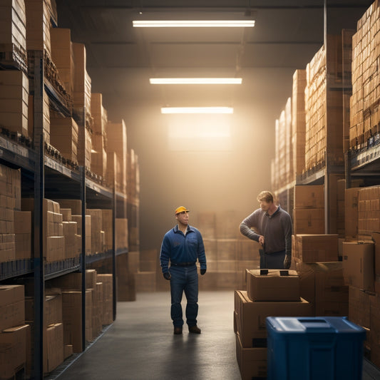 An illustration of a serene, organized warehouse with neatly stacked boxes, a few floating above the shelves, surrounded by calm, smiling warehouse workers, with a subtle, shimmering light in the background.