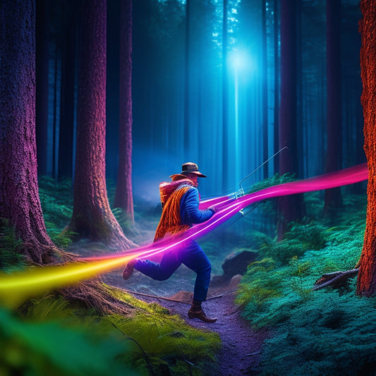 An illustration of a pioneer cutting through a dense forest with a vibrant, glowing thread, symbolizing a brand's unique narrative, while competitors' faded threads get lost in the background.