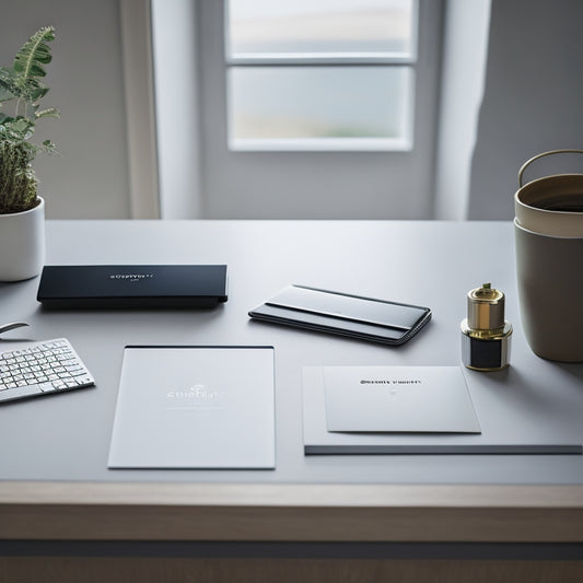 A minimalist desk scene with a laptop open to Shopify's business card design tool, a stack of freshly printed business cards, and a pair of scissors and a pen nearby.