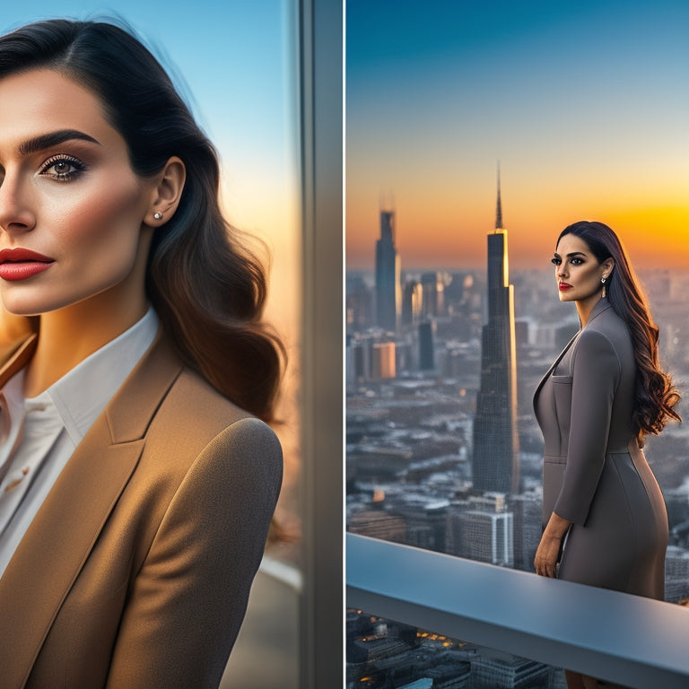 A split-screen image: a glamorous influencer posing in front of a city skyline at sunset on the left, and a confident entrepreneur standing in a modern office with a city view on the right.