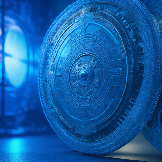 A shield with a lock in the center, surrounded by a circle of interconnected gears, with a faint network of wires and circuits in the background, set against a dark blue tone.