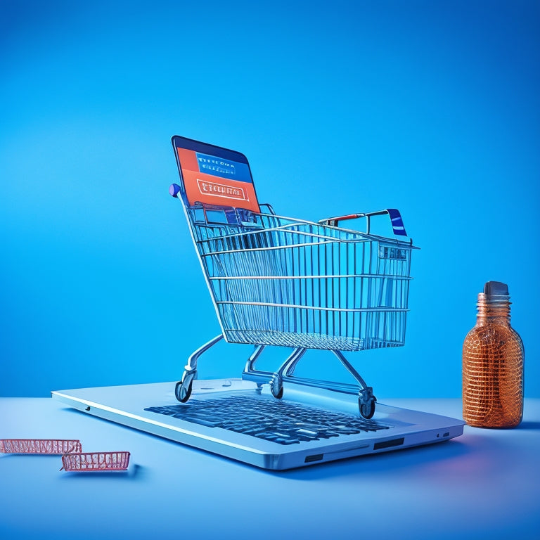 A stylized, modern illustration of a laptop with a shopping cart icon on the screen, surrounded by swirling arrows and gears, set against a clean, minimalist background with a subtle grid pattern.