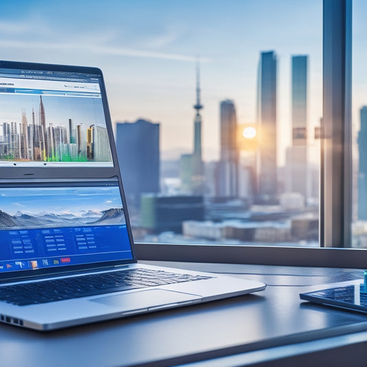 A split-screen image featuring a laptop with a rising graph on the screen, surrounded by scattered papers with analytics charts, against a blurred cityscape background with a subtle upward arrow motif.
