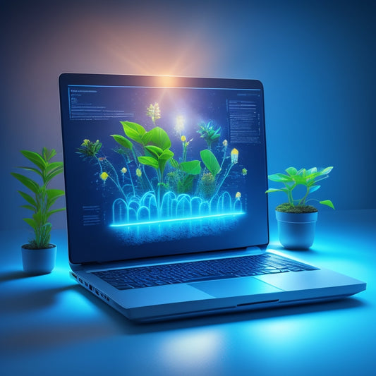 An illustration of a laptop with a growing plant sprouting from the screen, surrounded by seven glowing light bulbs, each containing a different icon (e.g. chart, target, gear) on a blue background with subtle gradient effects.