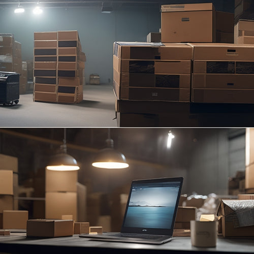 A split-screen image with a cluttered, dimly lit warehouse on one side, overflowing with cardboard boxes and tangled packaging materials, and a sleek, modern laptop on the other, with a few clicks sending digital products flying into the air.