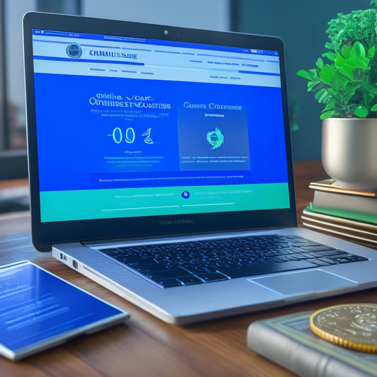 A computer screen displaying a profitable online course website with a rising graph in the background, surrounded by coins, a briefcase, and a certificate, with a subtle gradient of green and blue hues.