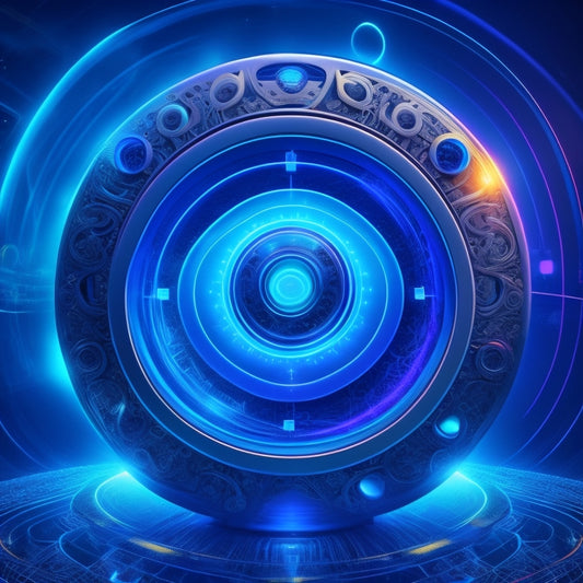 A futuristic, high-tech illustration of a stylized PrestaShop logo at the center, surrounded by swirling digital files, circuits, and wires, with glowing blue lines and pulsing orbs, set against a dark, gradient background.