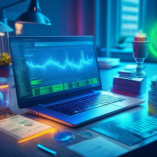 A futuristic, neon-lit desk with a sleek laptop, a stack of organized invoices, and a miniature 3D graph displaying an upward financial trend, surrounded by subtle, swirling patterns of coins and currency symbols.
