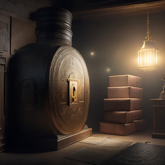A dimly lit, mysterious vault with a large, old-fashioned keyhole, surrounded by stacks of cash and scattered financial documents, with a single, bright light shining through the keyhole.