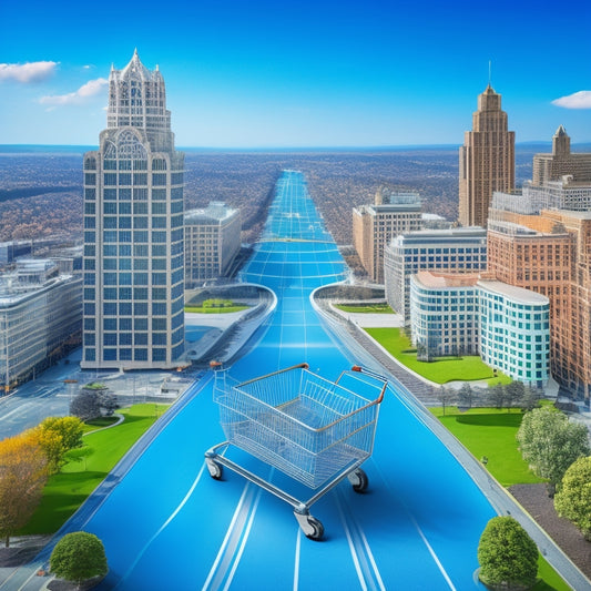 A stylized illustration of a map of New Jersey with a subtle grid pattern in the background, featuring a bold, curved arrow connecting a shopping cart to a state building.