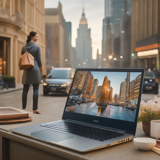 An illustration of a laptop screen displaying a seamless digital product download process, with a satisfied customer in the background, surrounded by shopping bags and a cityscape in the distance.