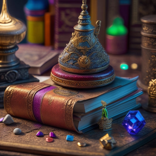 A cracked, ornate scale sits atop a scattered pile of fantasy role-playing game books, with a few coins and a miniature figurine nearby, surrounded by a halo of discordant, swirling colors.
