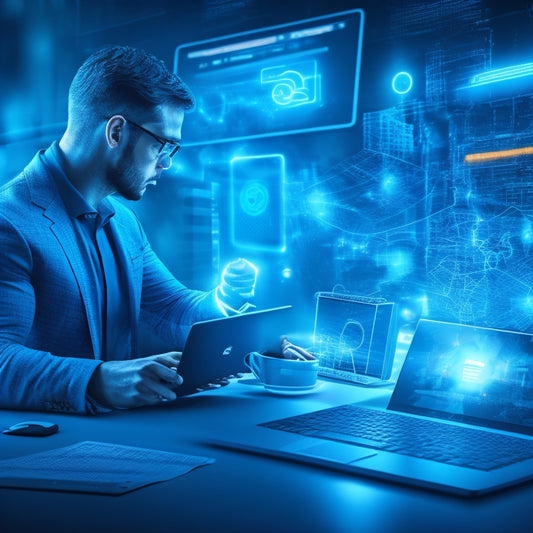 An illustration of a person effortlessly delivering digital products, represented by glowing blue files, via a streamlined pipeline, surrounded by minimalist icons of laptops, tablets, and smartphones.