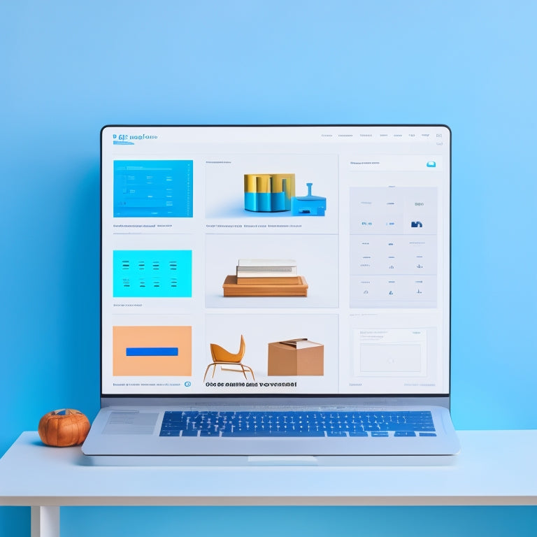 A minimalist illustration of a laptop screen displaying a tidy Bigcommerce store dashboard, with a few downloadable product icons (e.g., eBooks, software) organized in a neat grid, surrounded by calming blue tones.