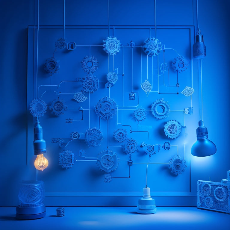 A stylized flowchart with interconnected gears, puzzle pieces, and lightbulbs, set against a bright blue background, conveying a sense of innovation, connection, and illumination.