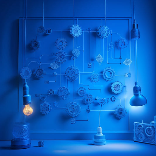 A stylized flowchart with interconnected gears, puzzle pieces, and lightbulbs, set against a bright blue background, conveying a sense of innovation, connection, and illumination.