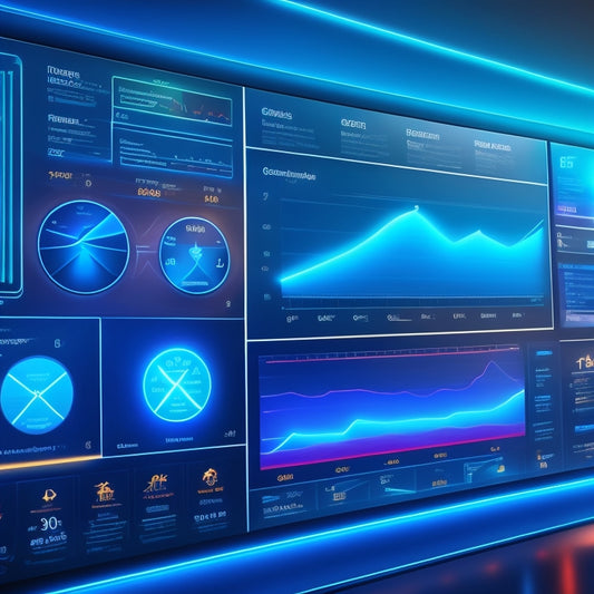 A futuristic ecommerce dashboard with rising graphs, colorful pie charts, and a tablet displaying a digital product download screen, surrounded by subtle circuit board patterns and glowing blue lines.