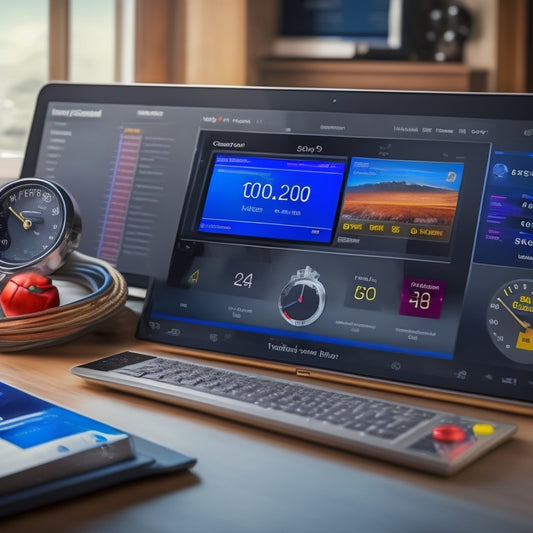 A digital dashboard with five distinct gauges, each with a different colored needle, surrounded by subtle online learning icons, such as a miniature laptop and a graduation cap.