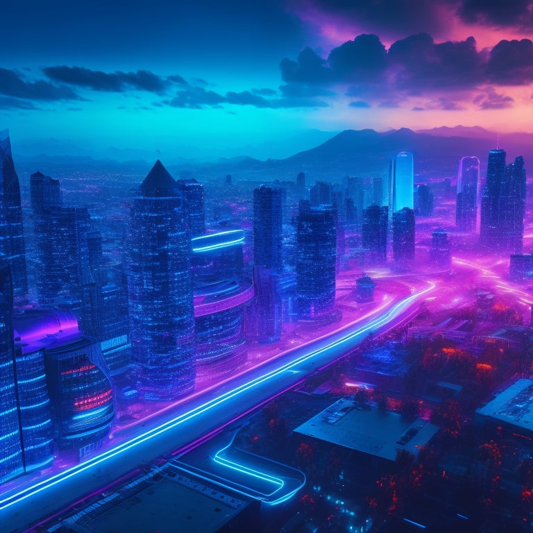 A futuristic, neon-lit cityscape with glowing blue circuits and wires weaving through buildings, surrounded by swirling clouds of 1s and 0s, symbolizing the digital revolution.