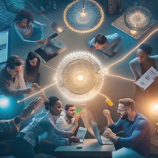 A vibrant, stylized illustration of interconnected gears, sparks, and lightbulbs, surrounded by diverse customer avatars, laptops, and smartphones, conveying dynamic energy and seamless online interactions.