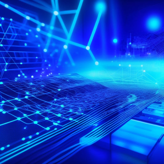 A futuristic, minimalist background with interconnected nodes and glowing blue lines, surrounded by various digital devices (smartphone, tablet, laptop, VR headset) with swirling, colorful patterns emerging from screens.
