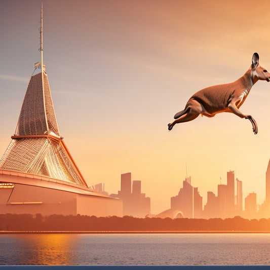 A stylized illustration of a kangaroo jumping over a rising graph line, surrounded by minimalist Australian landmarks, such as the Sydney Opera House, and subtle ecommerce icons, like shopping carts and boxes.