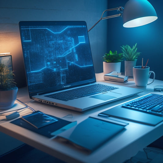 A futuristic, minimalist workspace with a sleek laptop, a cup of coffee, and a few scattered notes, surrounded by swirling digital patterns and glowing blue lines, symbolizing innovation and creativity.