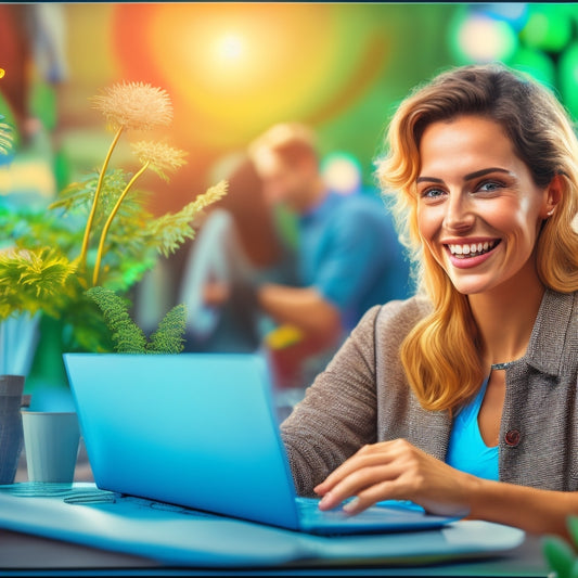 An illustration of a smiling customer surrounded by interconnected gears, with a laptop and certificate in the center, amidst a subtle background of growing plants and rising graphs.