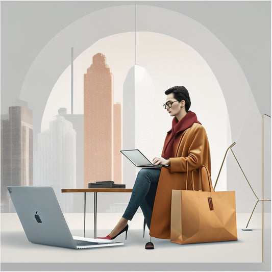 A minimalist illustration of a person sitting in front of a laptop with a cityscape or retail store background, surrounded by shopping bags, price tags, and fashion items, with a subtle graph or chart in the laptop screen.