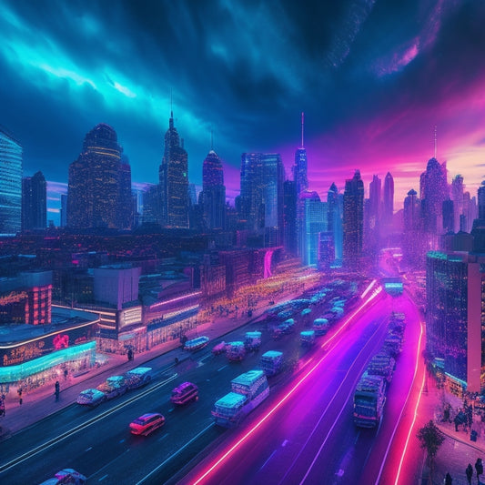 A futuristic cityscape at dusk, with neon-lit storefronts and skyscrapers, surrounded by swirling clouds of shopping bags, laptops, and smartphones, amidst a whirlwind of colorful confetti and sparkling lights.