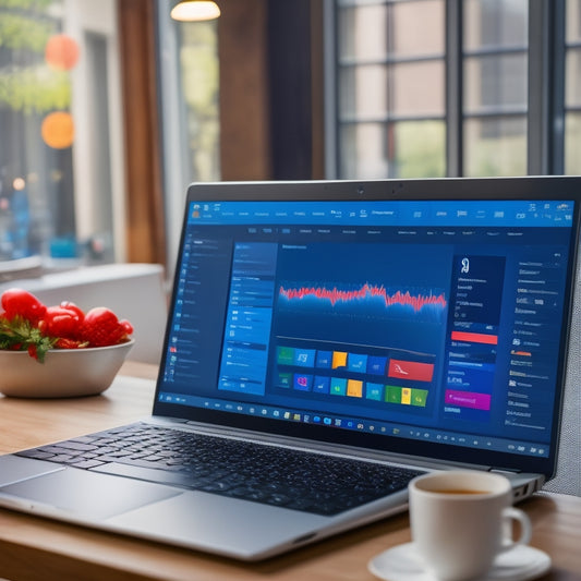 A bright, modern laptop screen displaying a dashboard with rising sales graphs and download counters, surrounded by scattered digital devices and colorful product icons.