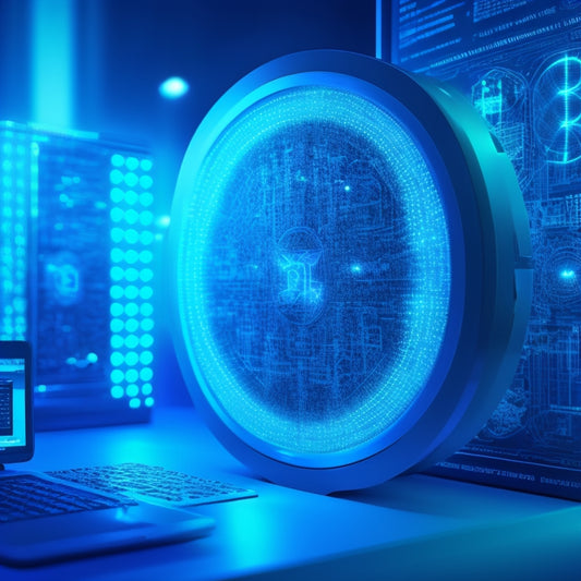 A shield with a glowing blue lock at its center, surrounded by orbiting laptops and tablets with green checkmarks, set against a dark blue background with subtle circuitry patterns.