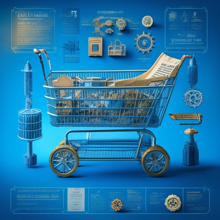 A blueprint illustration with a subtle e-commerce theme, featuring a stylized shopping cart at the center, surrounded by intricate gears, cogs, and arrows, conveying a sense of strategy and precision.