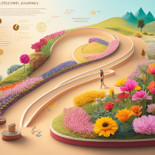 A stylized illustration of a customer journey map, with a winding road transforming into an ascending staircase, surrounded by blooming flowers and rising arrows, set against a warm, sunny background.