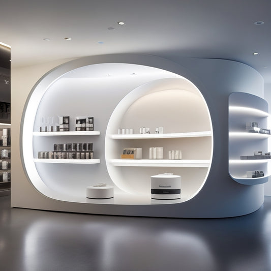 A futuristic, minimalist e-commerce store interior with sleek shelves, glowing product displays, and a massive, curved screen showcasing a scrolling website interface.