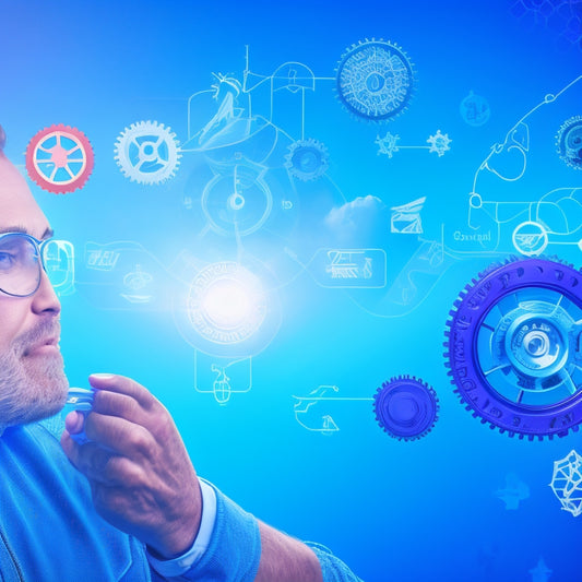 A stylized illustration of a customer surrounded by interconnected gears, with each gear featuring a different loyalty program icon (e.g. stars, points, badges), set against a bright, gradient blue background.