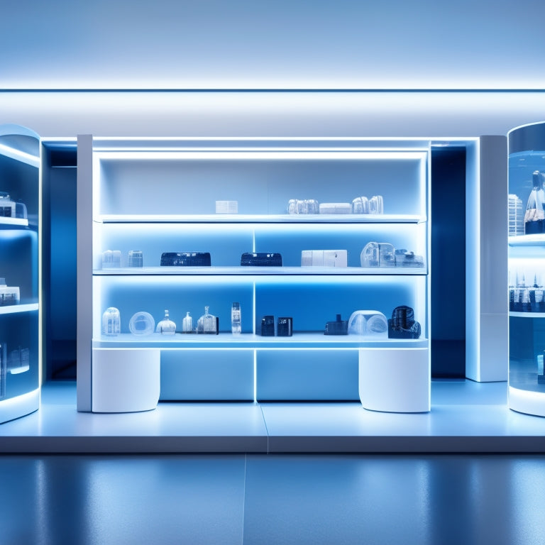 A futuristic storefront with sleek, minimalist shelves and a holographic display projecting 3D product models, surrounded by virtual reality headsets and tablets with data analytics screens.