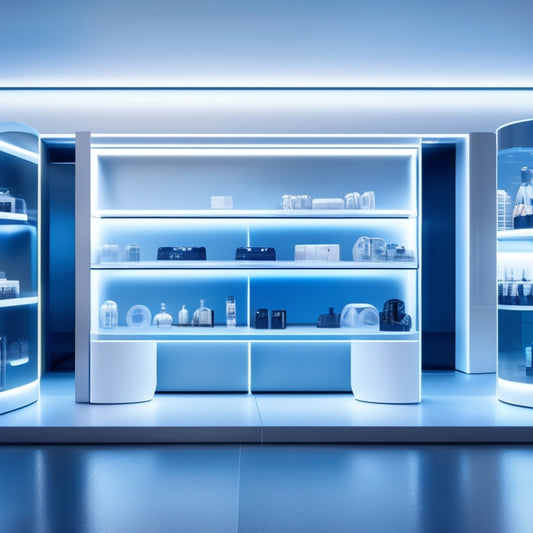 A futuristic storefront with sleek, minimalist shelves and a holographic display projecting 3D product models, surrounded by virtual reality headsets and tablets with data analytics screens.