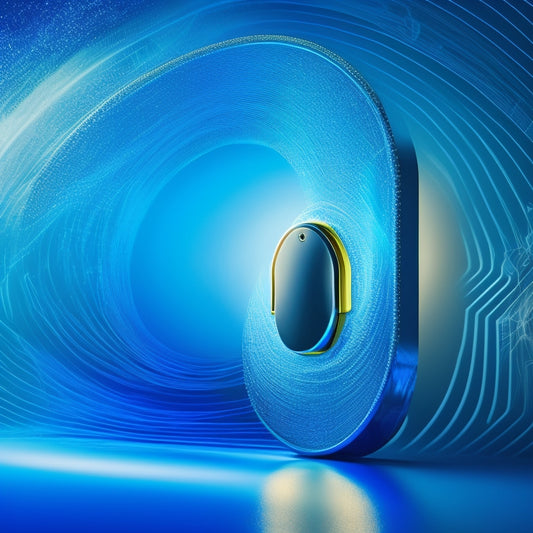 A minimalist background with a subtle gradient of blues, representing the digital realm, featuring a stylized, golden keyhole with a glowing USB drive inserted, surrounded by swirling, abstract lines symbolizing digital downloads.