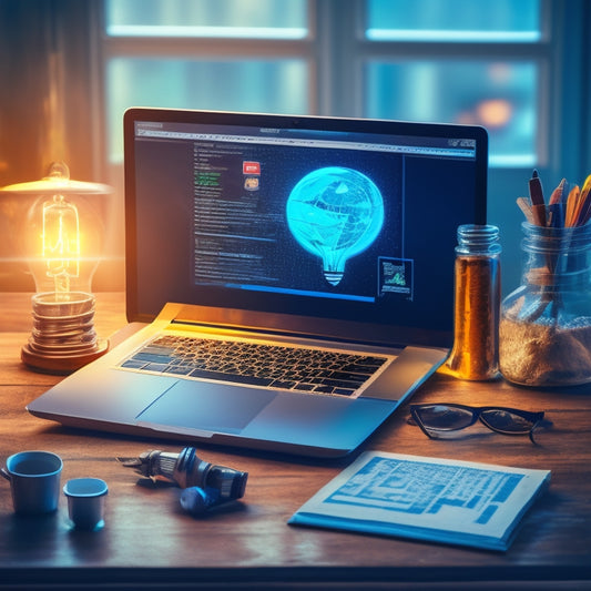 A stylized illustration of a laptop open on a desk, surrounded by various e-learning icons (e.g., certificates, lightbulbs, and charts) and a subtle background of dollar signs, with a subtle glow effect.
