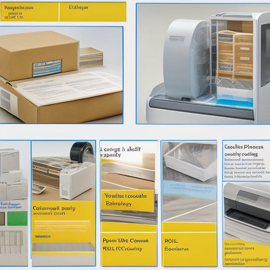 An illustration depicting a shipping label's life cycle: a roll of blank labels, a computer designing a label, a printer producing the label, and a finished label being applied to a package.