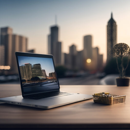 A minimalist illustration featuring a laptop with an online store interface on the screen, surrounded by scattered coins, a miniature shopping cart, and a subtle cityscape in the background.