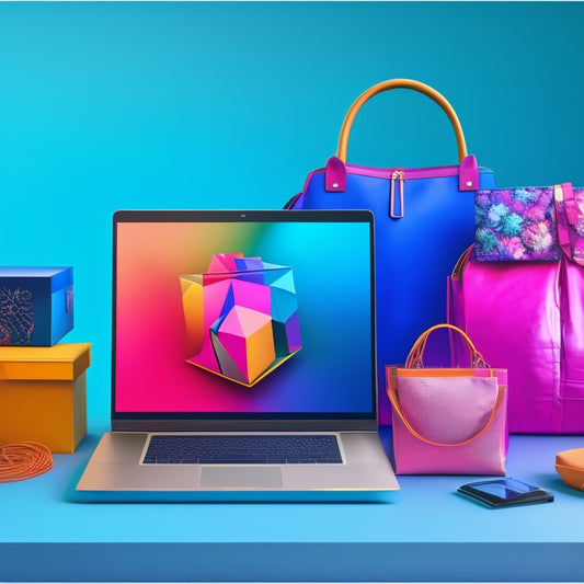 A colorful, futuristic illustration of a laptop with multiple screens open, showcasing various ecommerce website templates with different layouts, products, and designs, surrounded by shopping bags and gears.
