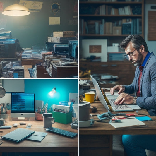 A split-screen image featuring a frustrated online merchant surrounded by scattered laptops, wires, and papers on one side, and a calm, organized workspace with a single laptop and a few neatly arranged notes on the other.
