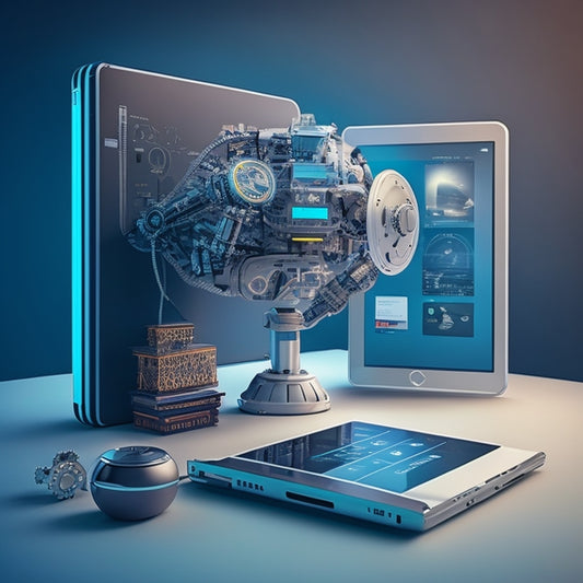 A futuristic, minimalist illustration featuring a robotic arm holding a tablet, surrounded by orbiting digital products (e.g., ebooks, software boxes) and connected gears, with a subtle glow effect.