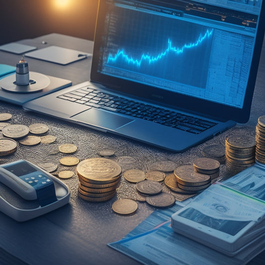 An image featuring a piggy bank overflowing with coins, surrounded by laptops, smartphones, and tablets, with a subtle background of binary code and a rising graph, symbolizing increased income.