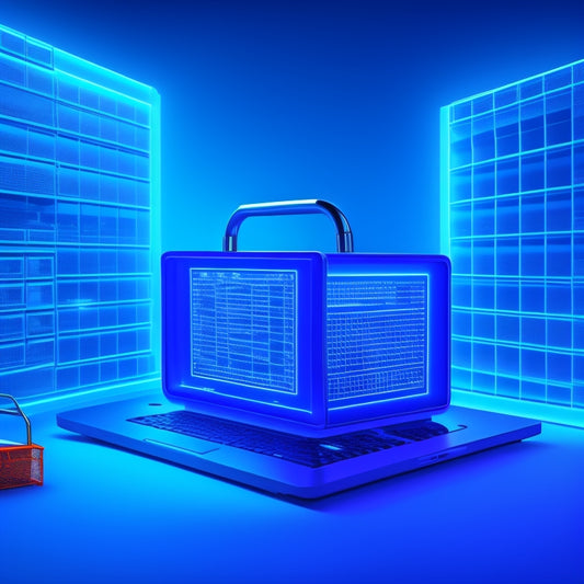 An illustration of a fortified online store with a shield protecting a laptop and shopping cart, surrounded by locks, firewalls, and alarm systems, set against a dark blue background with subtle circuit board patterns.