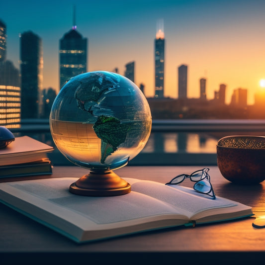 A globe with a glowing aura, surrounded by open books with diverse covers, with a laptop and a pair of glasses on a nearby table, amidst a subtle cityscape background at dusk.