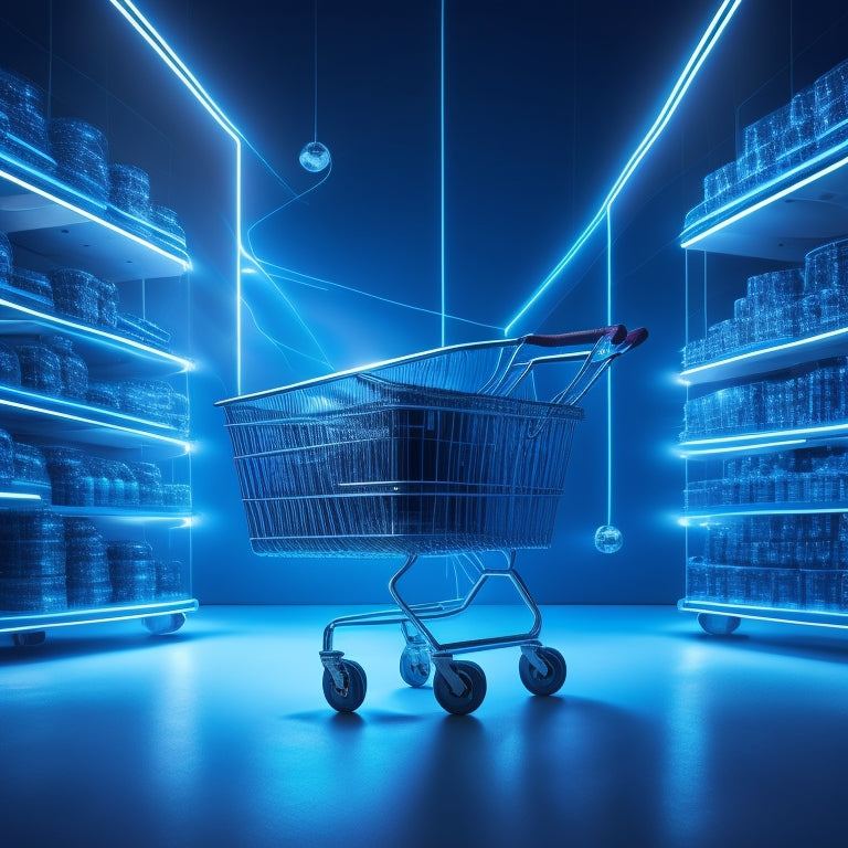 A futuristic, minimalist illustration featuring a sleek, silver ecommerce portal with glowing blue circuits and wires, surrounded by orbiting shopping carts and floating 3D product models.